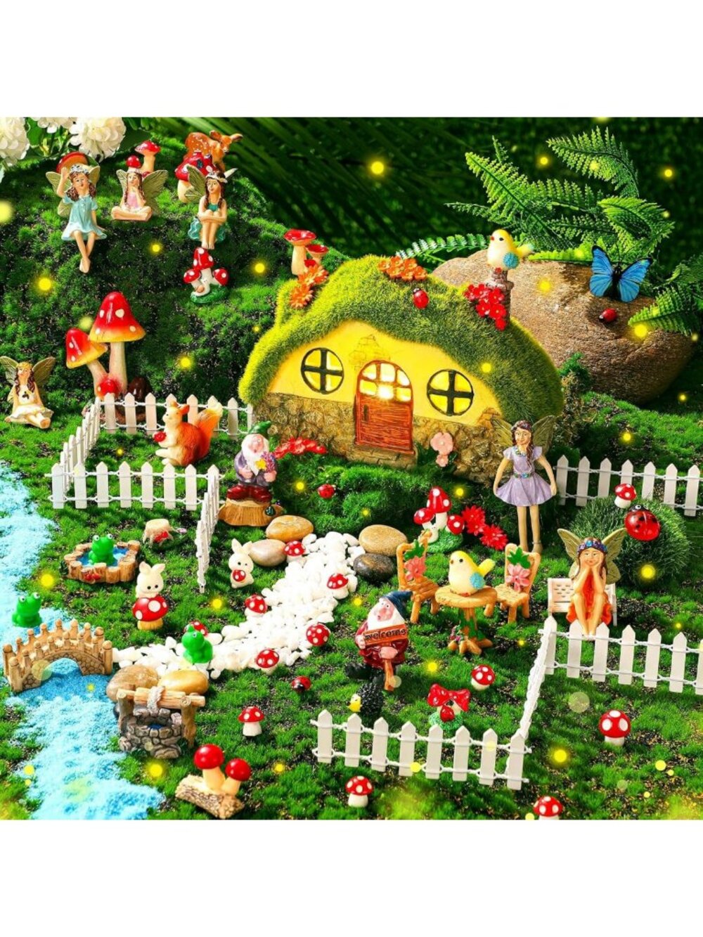 50 Pcs Solar Fairy Garden Accessories - Miniature Mushroom Figures & Stone House